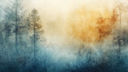 Wall Mural - Silhouetted Trees in a Foggy Forest with a Golden Sky