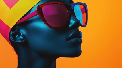 Poster - A Close-Up Portrait of a Woman Wearing Bright Sunglasses and a Colorful Headband