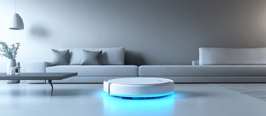 Canvas Print - White Robot Vacuum Cleaner in Modern Living Room with Gray Sofa