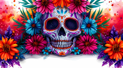 Poster - Day The Dead Colorful Skull With Floral Ornamen