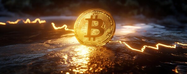 Bitcoin coin reflecting on water surface with glowing electric circuit, symbolizing cryptocurrency and digital finance growth.