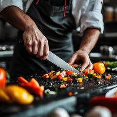 Chef with knife chopping vegetables in commercial kitchen