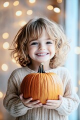 smiling child holding a pumpkin, surrounded by warm festive lights, autumn and halloween season, ver