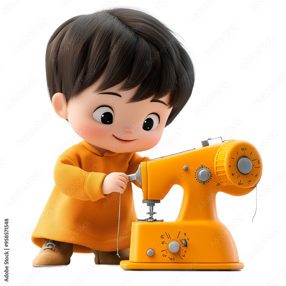 Cute Cartoon Boy Using Sewing Machine Stock Photo | Adobe Stock