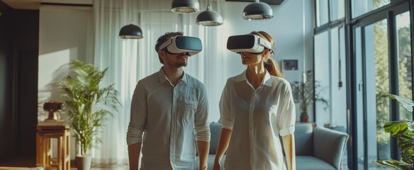 Canvas Print - Couple Wearing Virtual Reality Headsets in a Modern Home