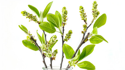 Sticker - A bird cherry branch with young green leaves ,Blooming walnut branch in vase isolated on a white background