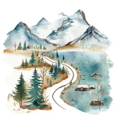 Watercolor Adventure Map for Travel and Camping, Illustration of Summer Journey with Car and Lake, Ideal for Nursery Decor and Baby Print