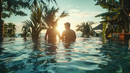 Wall Mural - Young couple playing around in luxury resort infinity pool during a vacation, surrounded by