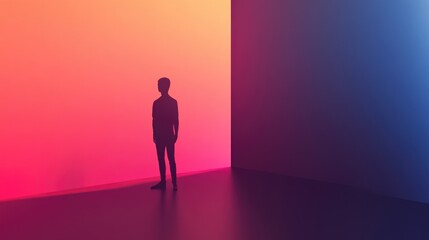 Sticker - Silhouette of a Person Standing in a Room with a Pink and Blue Gradient Wall