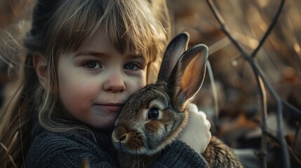 Wall Mural - Young girl after biting into the ears of a bunny