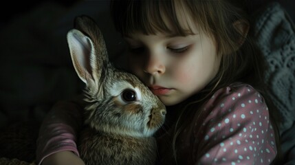 Wall Mural - Young girl after biting into the ears of a bunny