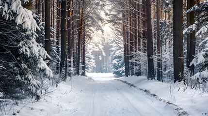 Wall Mural - snow covering pine trees in a wintry forest landscape,Exploring the Enchanting Coniferous Forest