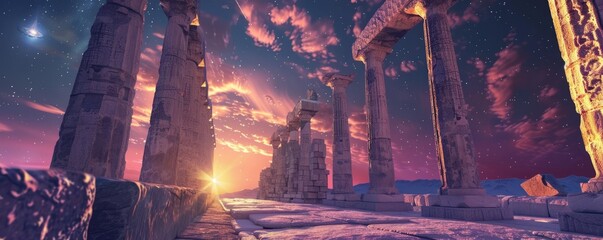 Wall Mural - celestial navigation through ancient ruins, 4k hyperrealistic photo