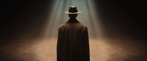 A man in a hat stands in a dark room