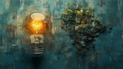 Canvas Print - Glowing Light Bulb and Abstract Green Nature Artwork