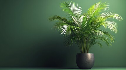 Sticker - Lush Green Palm Plant in a Gray Pot Against a Dark Green Wall