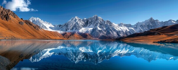 Sticker - Snow-capped peaks reflected in a crystal-clear lake, 4K hyperrealistic photo