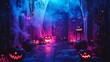 © wiwat apisithpinyo - Spooky Halloween Pumpkins with Cobwebs and Neon Lights