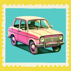 Canvas Print - Car Risograph style vehicle wheel transportation.