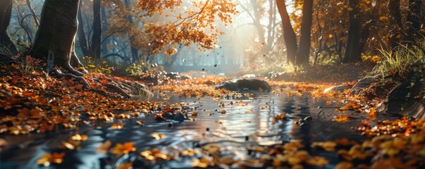 Sticker - Autumn forest with a creek and colorful leaves, 4K hyperrealistic photo