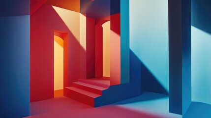 Poster - Abstract Interior Space with Colorful Walls, Doors, and Stairs