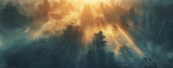 Poster - Sunrise over a misty forest with rays of light, 4K hyperrealistic photo,