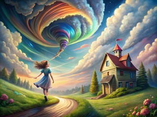 A whimsical illustration of a swirling tornado lifting a young girl's house, carrying her away to a fantastical