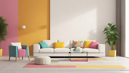 Wall Mural - A modern living room features sleek lines, chic furnishings, minimal decor, and bright, elegant accents.