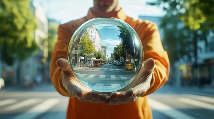 A man standing in a laboratory wearing orange work clothes, the focus is on the glass orb in his hands, inside the glass orb is an image of a downtown intersection with green surroundings