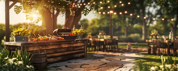 Setting up a barbecue station at the outdoor wedding reception, 4K hyperrealistic photo