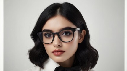 An attractive woman with black hair wearing glasses isolated on a white background