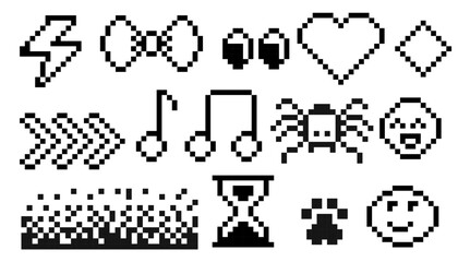 Pixxel y2k trendy elements. 8 bit groovy stickers, borders, decorations. Sandglaa, smile on face, cute paw, geometric shapes pixel art. Emoji retro