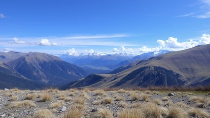 Wall Mural - A view of rolling mountains on a bright day.