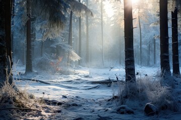 Wall Mural - Forest snow land landscape.