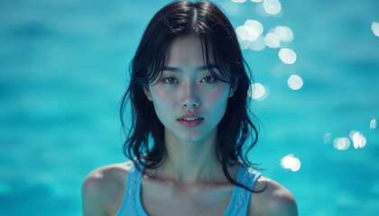 A young Asian woman with long dark hair wearing a blue swimsuit, standing in front of a blurred blue background with bokeh lights