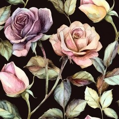 Wall Mural - Roses and peonies watercolor seamless pattern