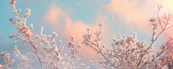 Sticker - Frosty tree branches against a pastel sky, 4K hyperrealistic photo