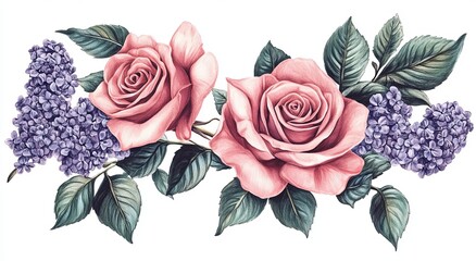 Wall Mural - Flowers, leaves, branches, rose bud isolated on white background with watercolor elements of roses, peonies collection.