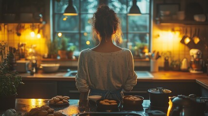 Warm evening baking in a cozy kitchen with soft lighting and fresh cookies cooling on the counter