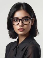 An attractive woman with black hair wearing glasses isolated on a white background