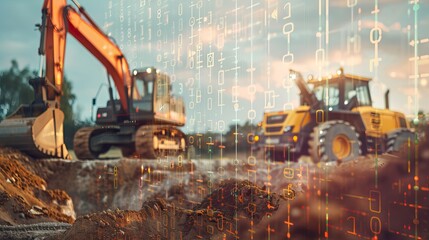 Excavator at a construction site with digital overlay