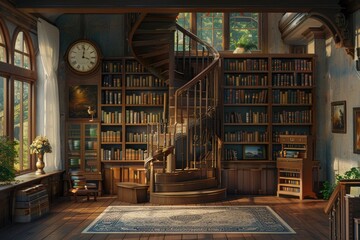 A grand library with a spiral staircase and a window. This photo is perfect for illustrating books, knowledge, and learning.