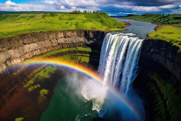 Wall Mural - Very tall waterfall rainbow nature landscape.