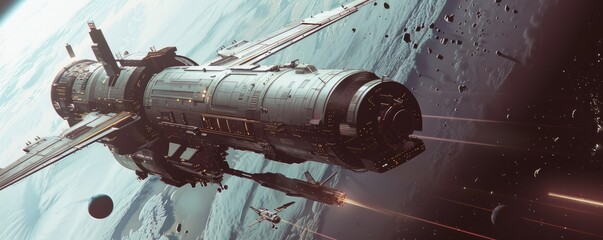 Wall Mural - futuristic spacecraft docking at a space station, 4k hyperrealistic photo