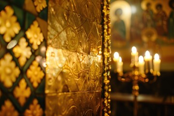 Wall Mural - Golden orthodox abstract background featuring divine light and tradition