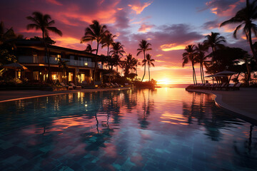 Tropical Sunset Over Luxurious Poolside Villa