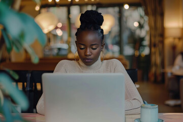 Canvas Print - Young black woman working on laptop in cafe