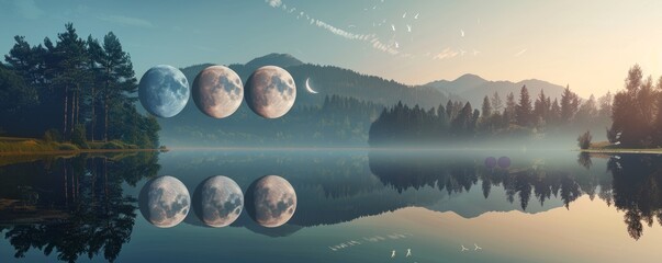 Poster - Lunar phases reflected in tranquil lake, 4K hyperrealistic photo