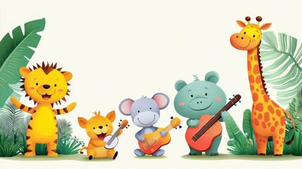 A colorful jungle scene with friendly animals playing musical instruments, children s cartoon style, lively and fun atmosphere