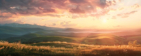 Sticker - Sunset casting warm light on rolling hills, 4K hyperrealistic photo,